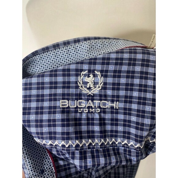 Bugatchi Uomo Men's Dress Shirt Blue Plaid Button-Down Cotton Size 16 / 34 - Picture 7 of 12
